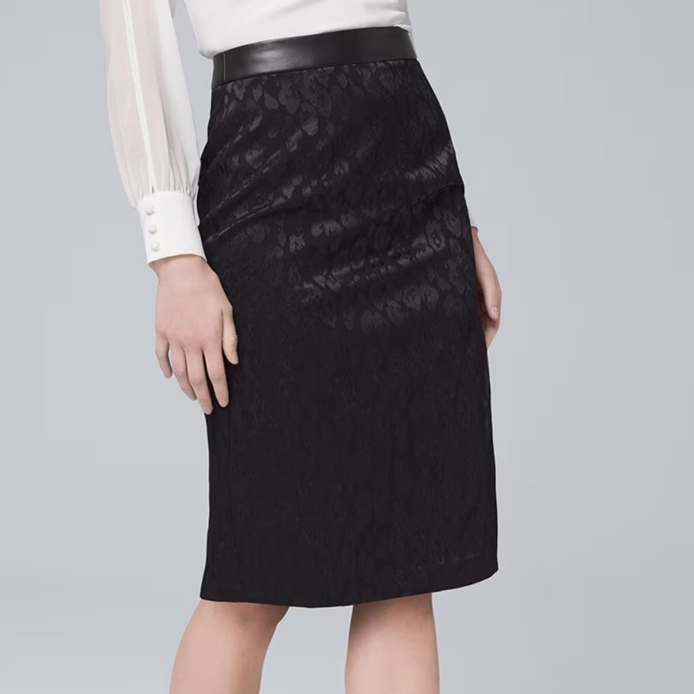 WHBM Faux Leather Trim Leopard-Jacquard Pencil Skirt Black 14